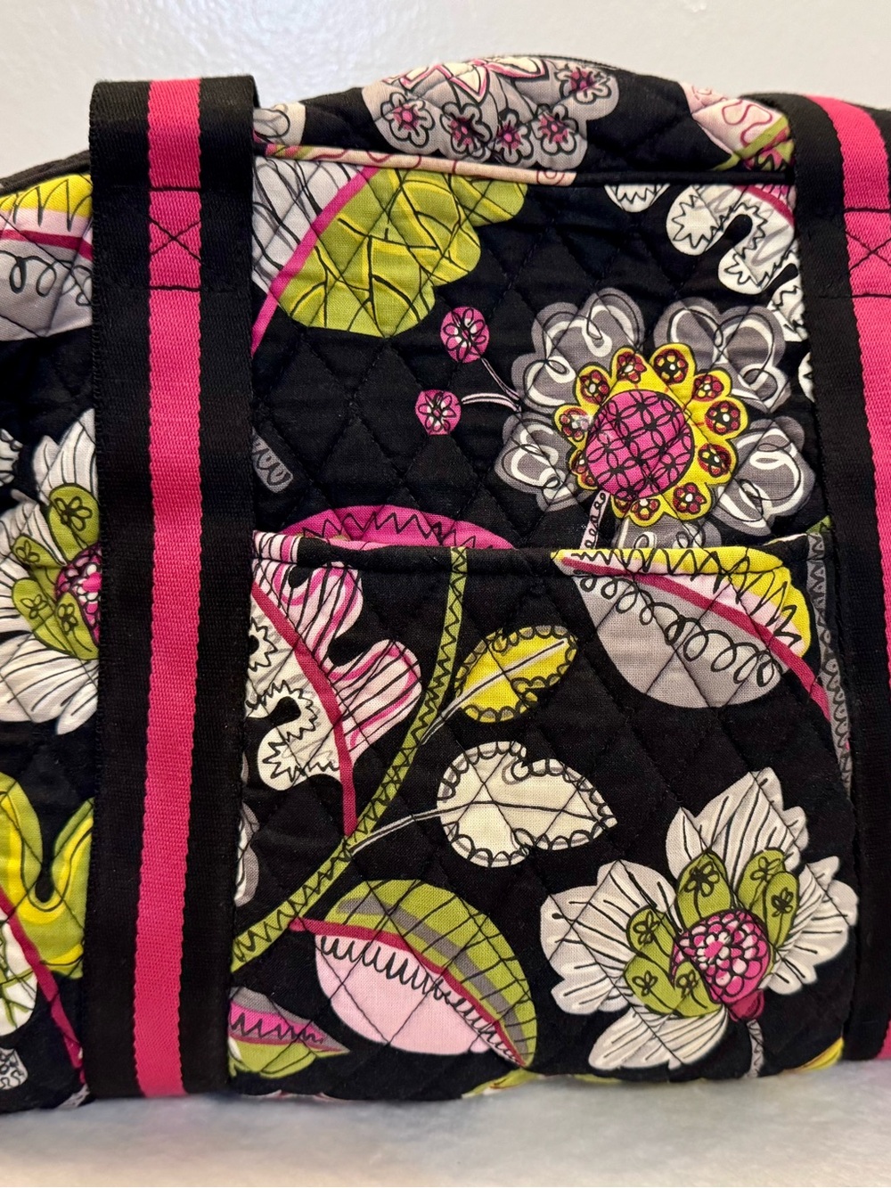 Vera Bradley Black Quilted Floral Tote with Pink & Lime Accents